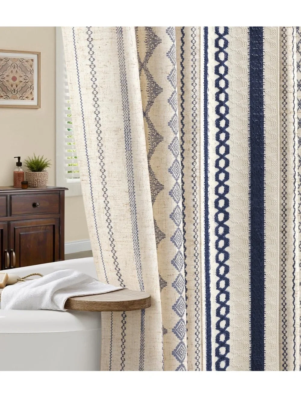 SHOER CURTAIN Boho Stripe Linen-Look Curtain Panel in Navy & Cream